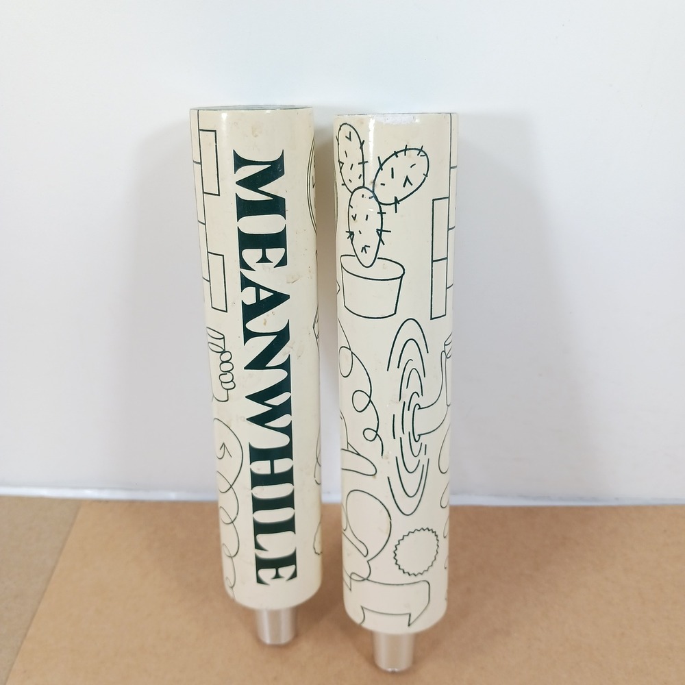 Meanwhile Brewing Co Beer Tap Handle Lot of 2 Cream Green Graphic Doodles 8.5"